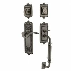 Nostalgic Warehouse Egg and Dart Plate 2-3/8 in. Backset F Grip Antique Pewter Entry Set Manor Door Handle
