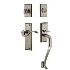 Nostalgic Warehouse New York Plate 2-3/4 in. Backset Antique Pewter S-Grip Entry Set Manor Door Handle