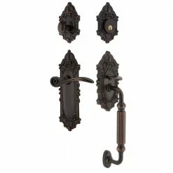 Nostalgic Warehouse Victorian Plate 2-3/8 in. Backset Timeless Bronze F Grip Entry Set Swan Door Handle