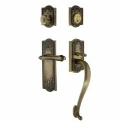 Nostalgic Warehouse Meadows Plate 2-3/4 in. Backset S Grip Antique Brass Entry Set Fleur Door Handle