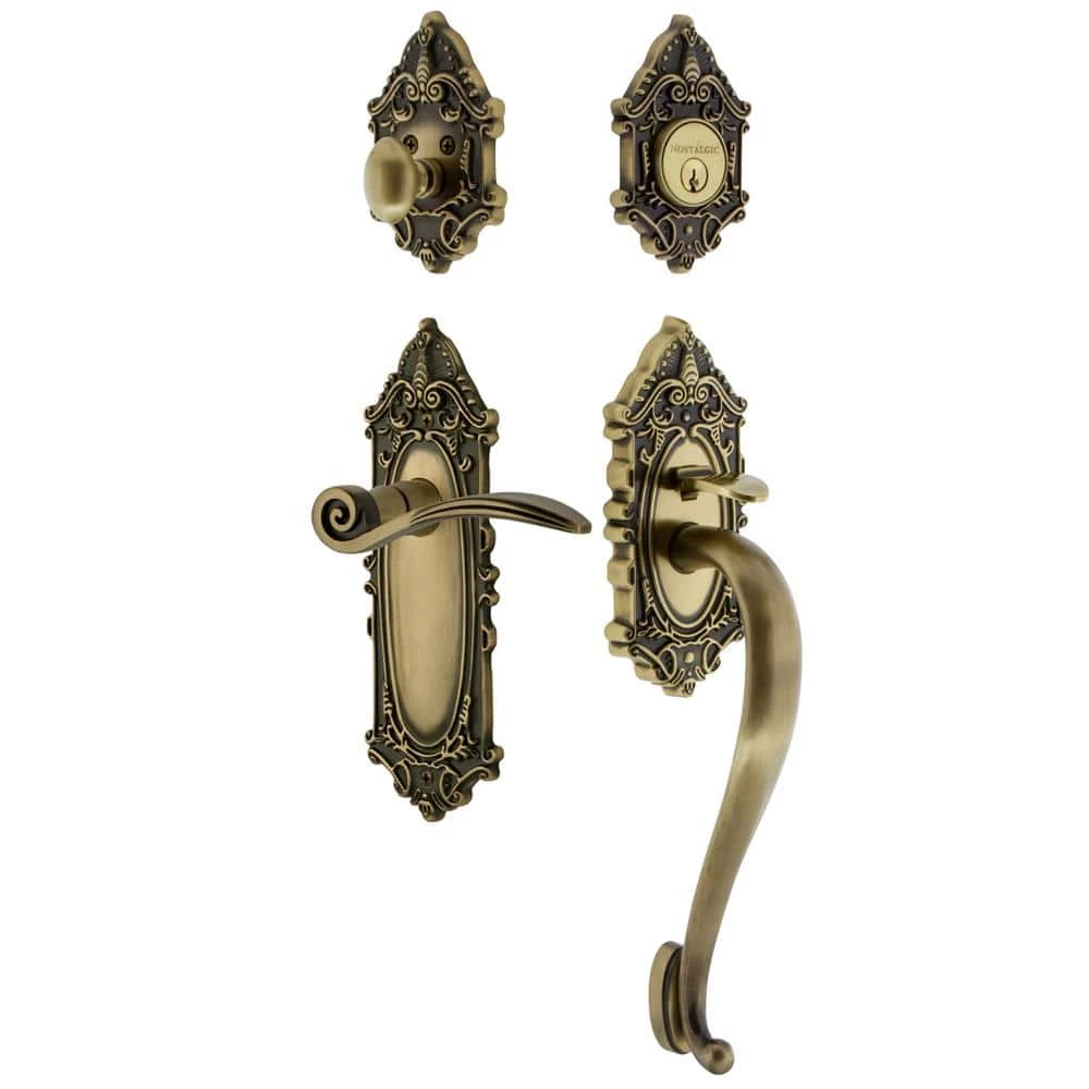 Nostalgic Warehouse Victorian Plate 2-3/8 in. Backset S Grip Antique Brass Entry Set Swan Door Handle 3 Nostalgic Warehouse Victorian Plate 2-3/8 in. Backset S Grip Antique Brass Entry Set Swan Door Handle