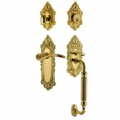 Nostalgic Warehouse Victorian Plate 2-3/8 in. Backset F Grip Lifetime Brass Entry Set Swan Door Handle