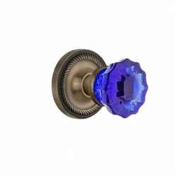 Nostalgic Warehouse Rope Rosette Interior Mortise Crystal Cobalt Glass Door Knob in Antique Brass