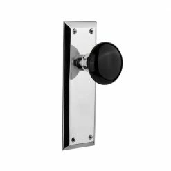 Nostalgic Warehouse New York Plate 2-3/4 in. Backset Bright Chrome Passage Hall/Closet Black Porcelain Door Knob