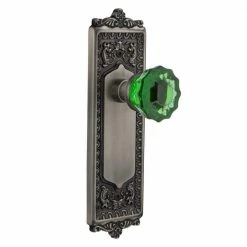 Nostalgic Warehouse Egg & Dart Plate 2-3/8 in. Backset Antique Pewter Passage Hall/Closet Crystal Emerald Glass Door Knob