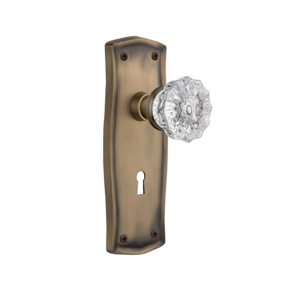 Nostalgic Warehouse Prairie Plate with Keyhole 2-3/8 in. Backset Antique Brass Privacy Bed/Bath Crystal Glass Door Knob 3 Nostalgic Warehouse Prairie Plate with Keyhole 2-3/8 in. Backset Antique Brass Privacy Bed/Bath Crystal Glass Door Knob