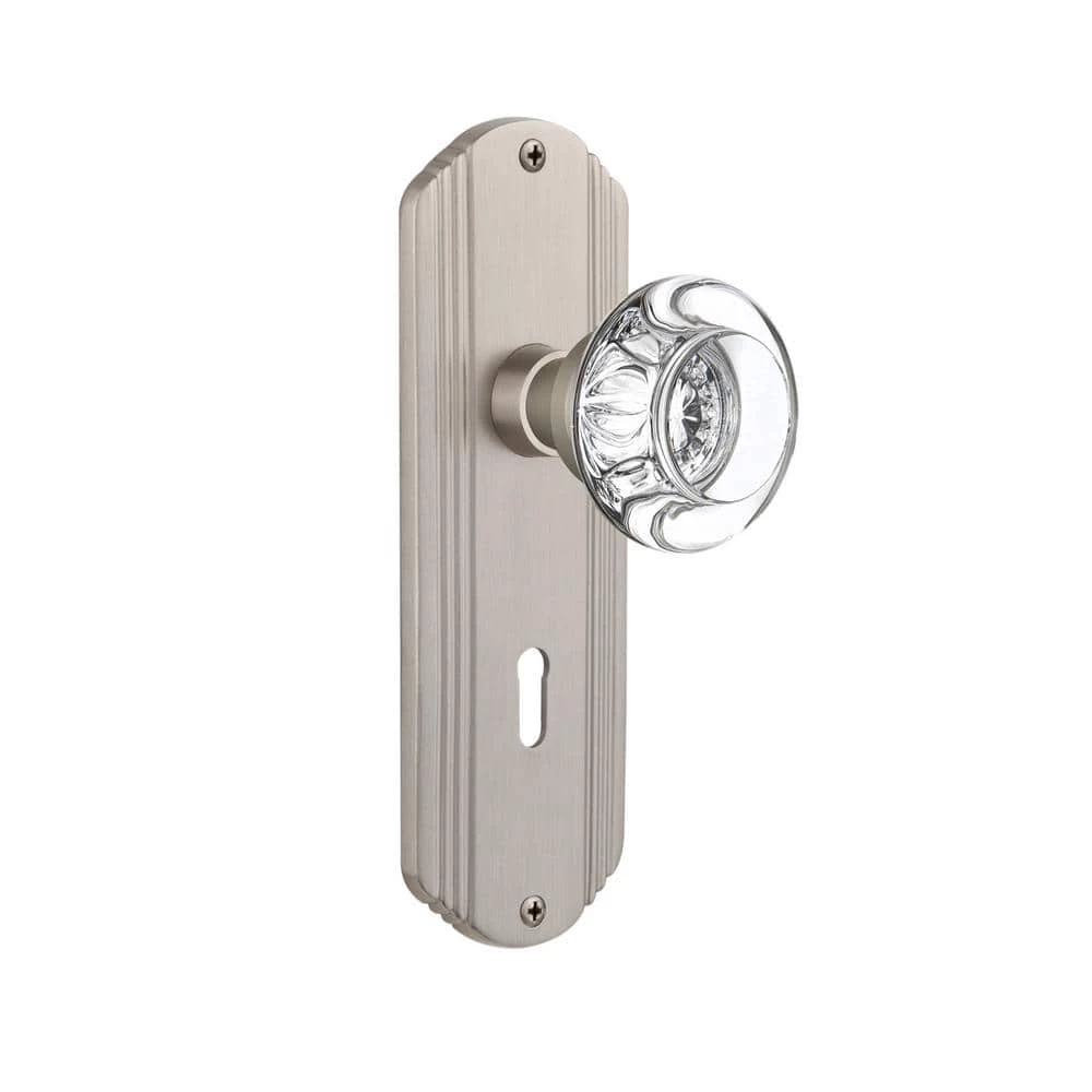Nostalgic Warehouse Deco Plate with Keyhole 2-3/8 in. Backset Satin Nickel Privacy Bed/Bath Clear Crystal Glass Door Knob 3 Nostalgic Warehouse Deco Plate with Keyhole 2-3/8 in. Backset Satin Nickel Privacy Bed/Bath Clear Crystal Glass Door Knob