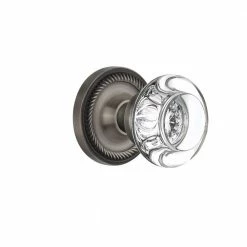 Nostalgic Warehouse Rope Rosette 2-3/8 in. Backset Antique Pewter Privacy Bed/Bath Round Clear Crystal Glass Door Knob