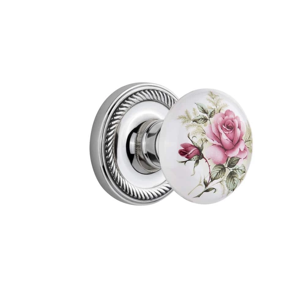 Nostalgic Warehouse Rope Rosette 2-3/4 in. Backset Bright Chrome Privacy Bed/Bath White Rose Porcelain Door Knob 3 Nostalgic Warehouse Rope Rosette 2-3/4 in. Backset Bright Chrome Privacy Bed/Bath White Rose Porcelain Door Knob