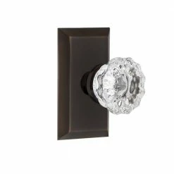 Nostalgic Warehouse Studio Plate 2-3/4 in. Backset Timeless Bronze Privacy Bed/Bath Crystal Glass Door Knob