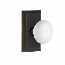 Nostalgic Warehouse Studio Plate 2-3/4 in. Backset Timeless Bronze Privacy Bed/Bath White Porcelain Door Knob
