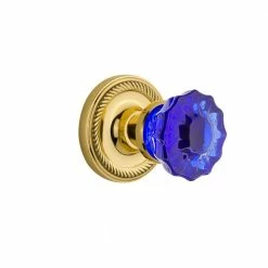 Nostalgic Warehouse Rope Rosette 2-3/8 in. Backset Polished Brass Privacy Bed/Bath Crystal Cobalt Glass Door Knob