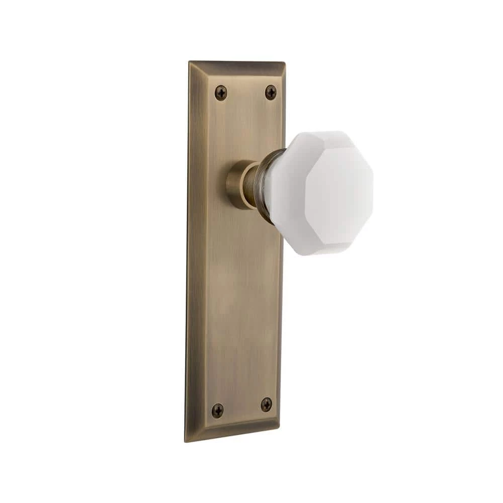 Nostalgic Warehouse New York Plate 2-3/8 in. Backset Antique Brass Privacy Bed/Bath Waldorf White Milk Glass Door Knob 3 Nostalgic Warehouse New York Plate 2-3/8 in. Backset Antique Brass Privacy Bed/Bath Waldorf White Milk Glass Door Knob